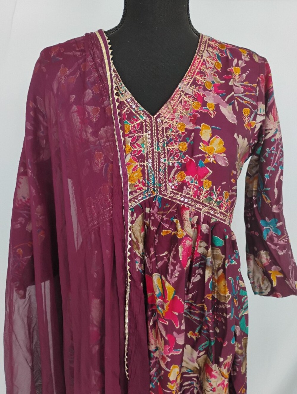 Alia cut muslin silk Wine  floral kurta ,pant and dupatta